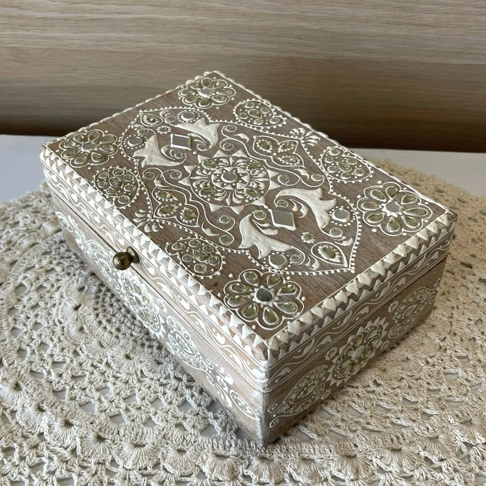 Handcrafted Indian Mango Wood Keepsake Box Ornate Painted Storage Chest Boho